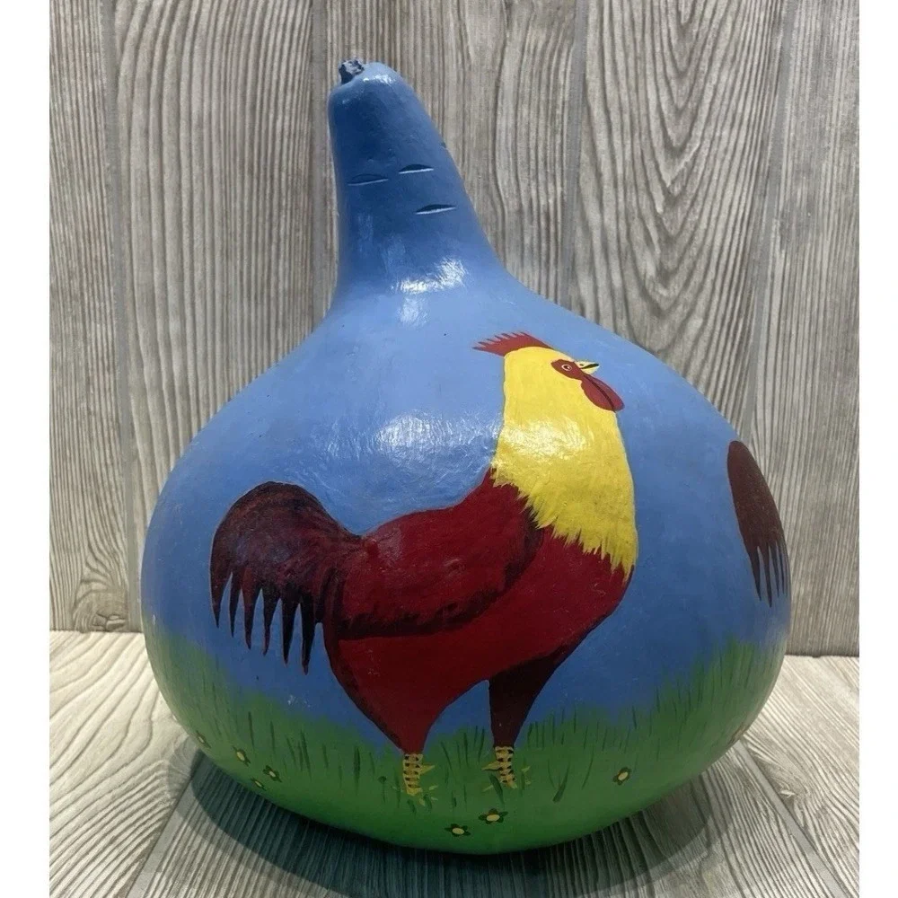 Hand Painted Folk Art Gourd Rooster Chicken 2011 Rustic Decor Collectible